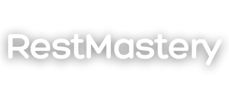 RestMastery logo featuring a bold, modern font with ‘Rest’ in a calming blue and ‘Mastery’ in a premium gold, accompanied by a sleek golden crescent moon. Represents high-performance sleep optimization and recovery.