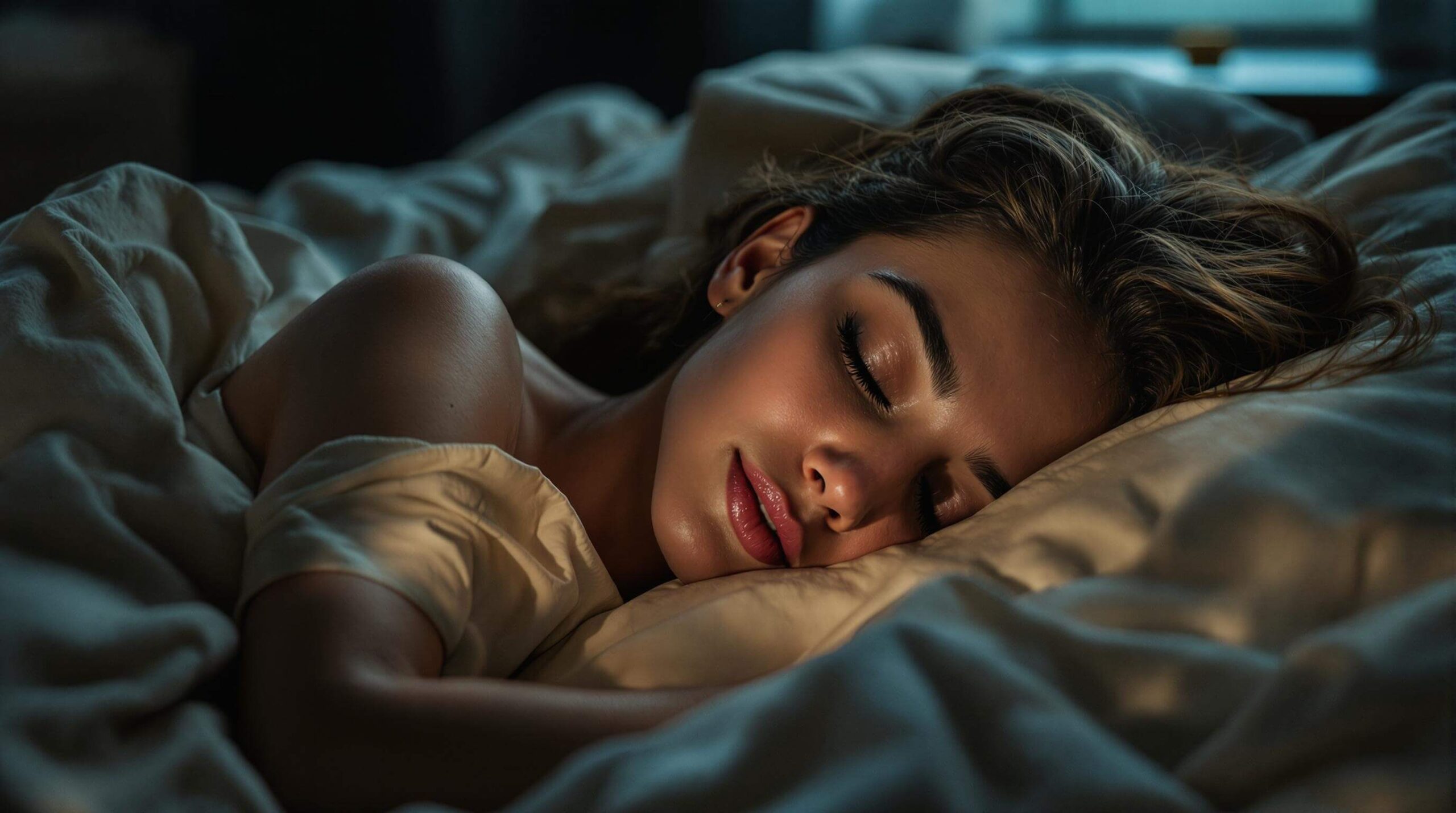 Woman peacefully sleeping in a dark, comfortable bedroom, optimizing rest for peak performance and recovery.